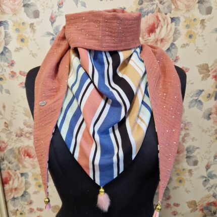 FOULARD REVERSIBLE - pêche, bleu, jaune, noir, blanc